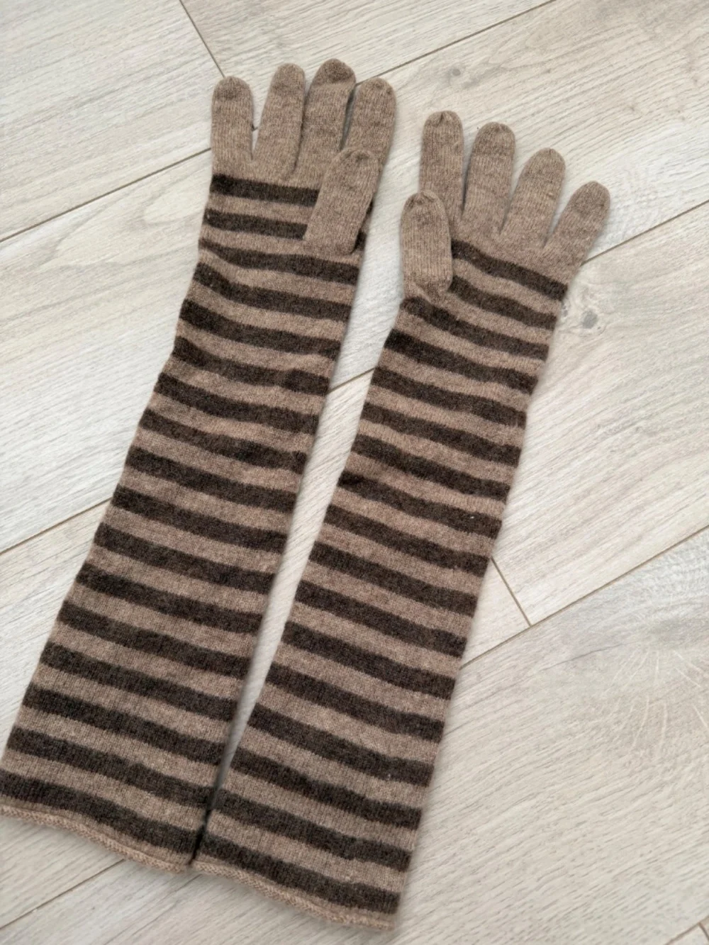 Brown Striped Elbow Length Wool Cashmere Gloves
